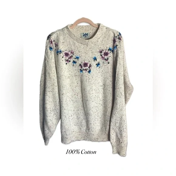 Vintage Lee Sport 100% Cotton Floral Printed Crew Neck Sweater Large Made in USA - Picture 1 of 11
